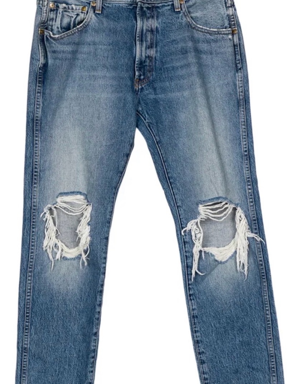 KHAITE Distressed Slim Straight Blue Jeans